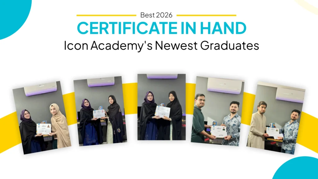 A website design image with a title 'Best 2026 Certificate in Hand' and a description of 'Icon Academy's newest graduates'