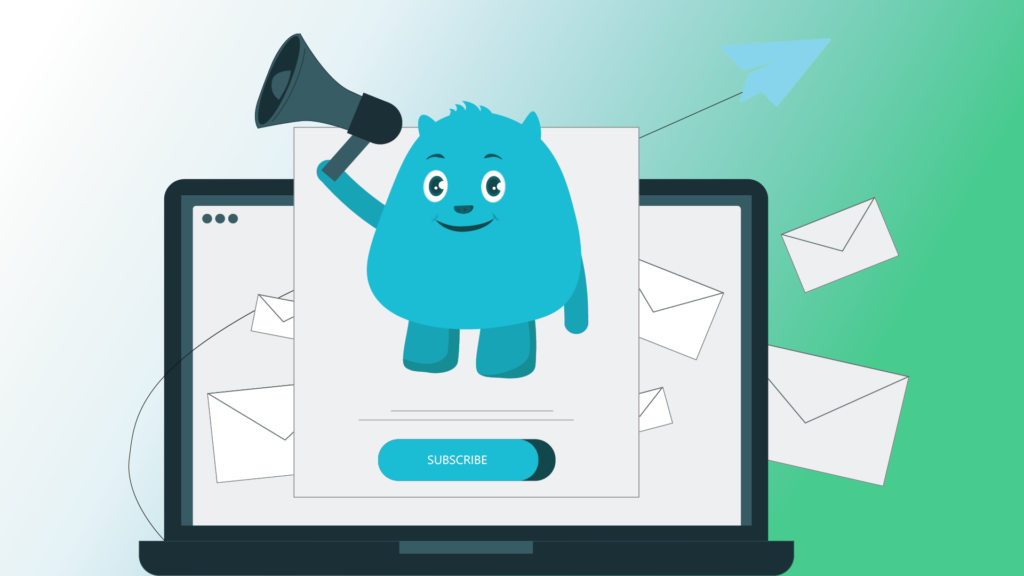 A laptop screen with a website design on it, with a cartoon character holding a megaphone and a subscription button