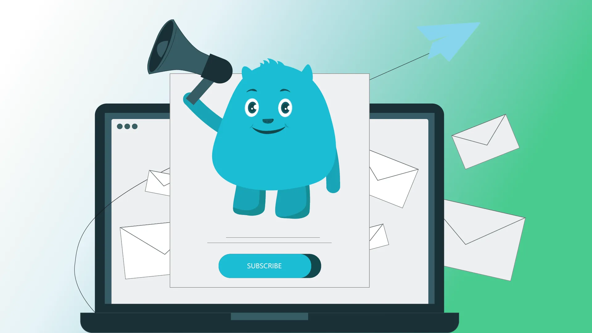 A laptop screen with a website design on it, with a cartoon character holding a megaphone and a subscription button