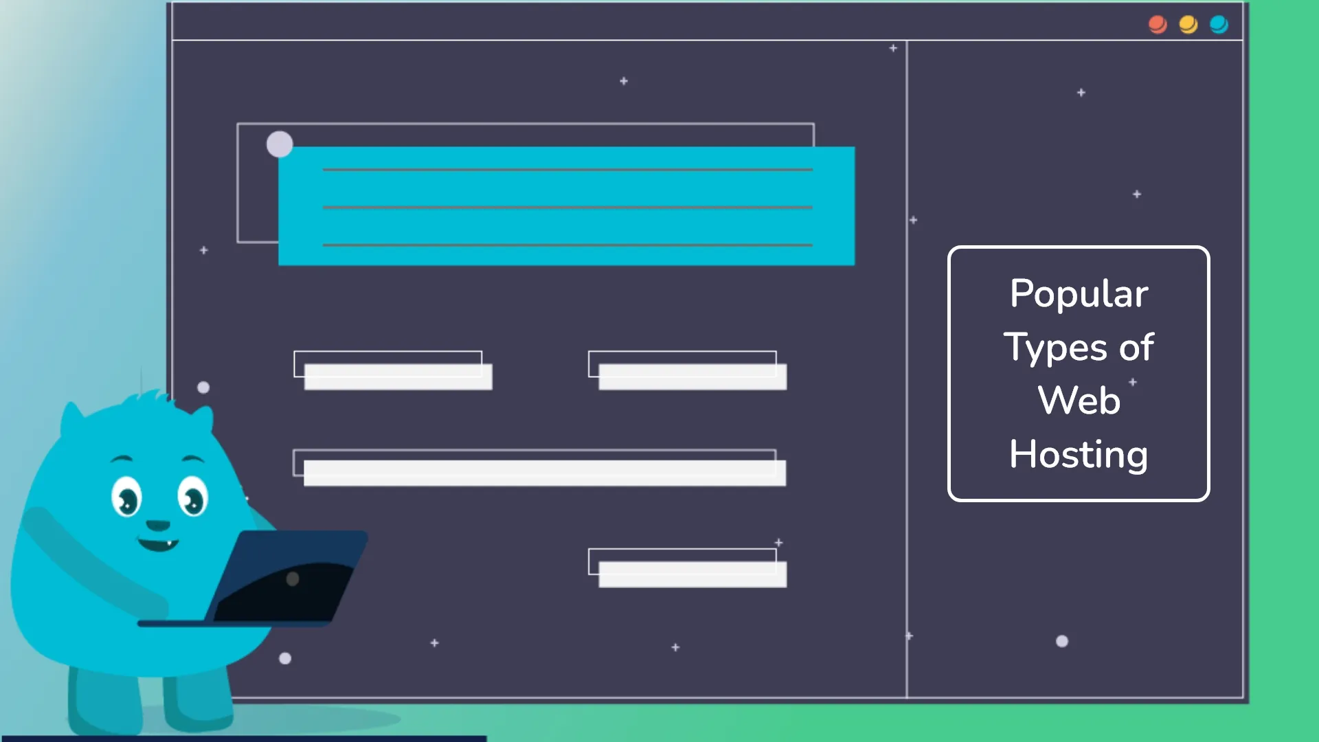 Popular Types of Web Hosting title card with the blue mascot holding a laptop