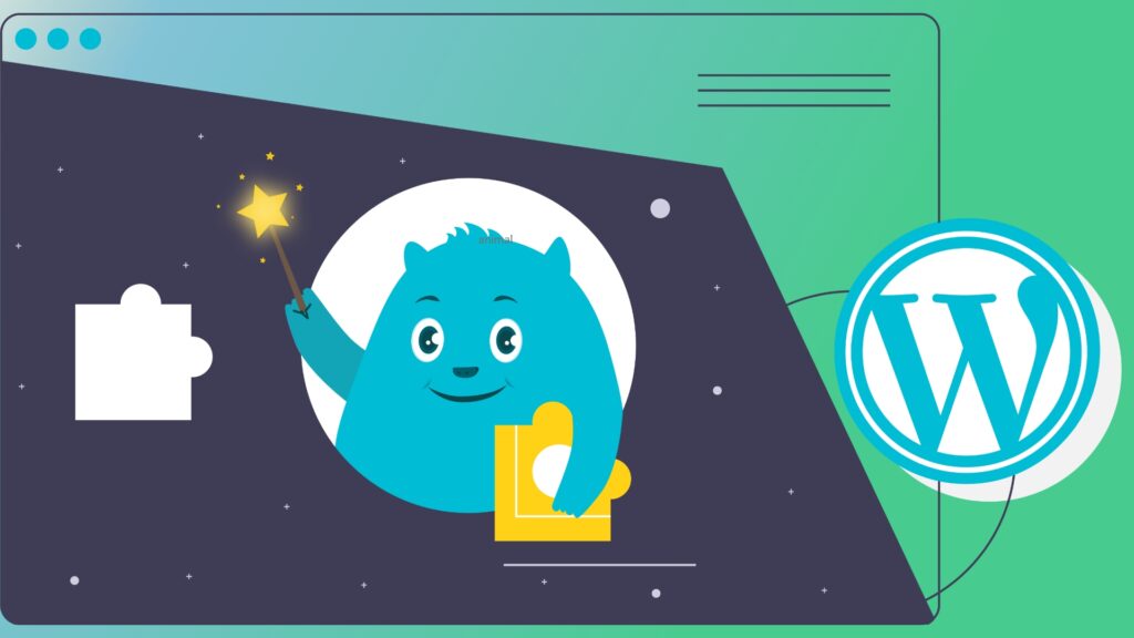 A cartoon blue monster holding a magic wand, surrounded by a white circle, with a website design background and a corporate