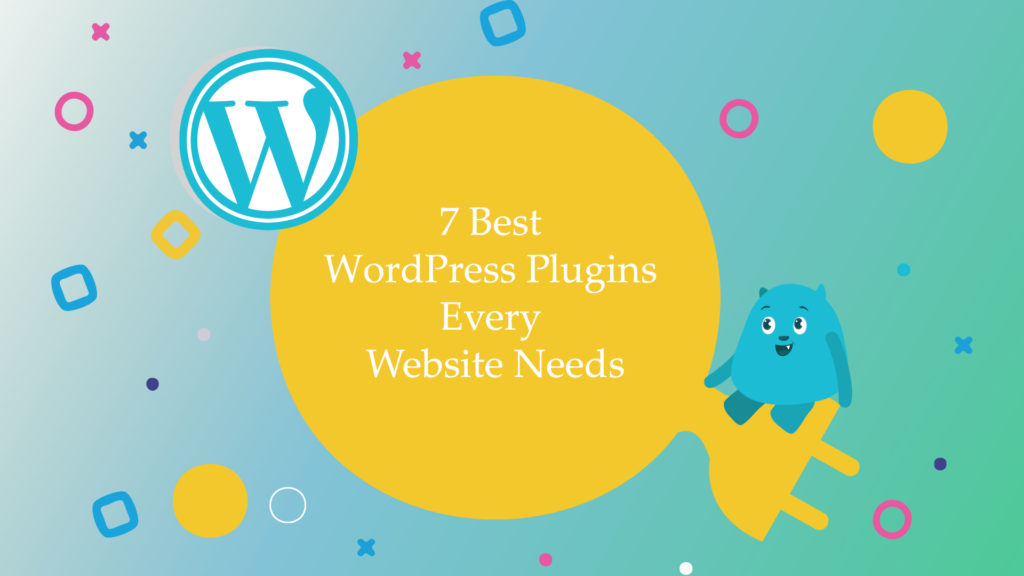 website design A colorful image with a large yellow circle in the center, surrounded by various shapes and a blue monster in