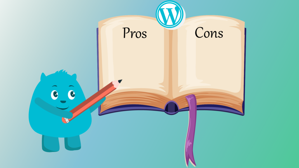website design A cartoon blue monster holding a pencil and pointing to an open book with 'Pros' and 'Cons' pages