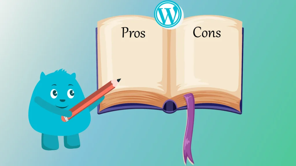 website design A cartoon blue monster holding a pencil and pointing to an open book with 'Pros' and 'Cons' pages