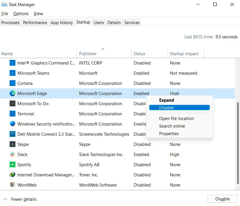 Windows Task Manager startup list with the Disable option open for Microsoft Edge