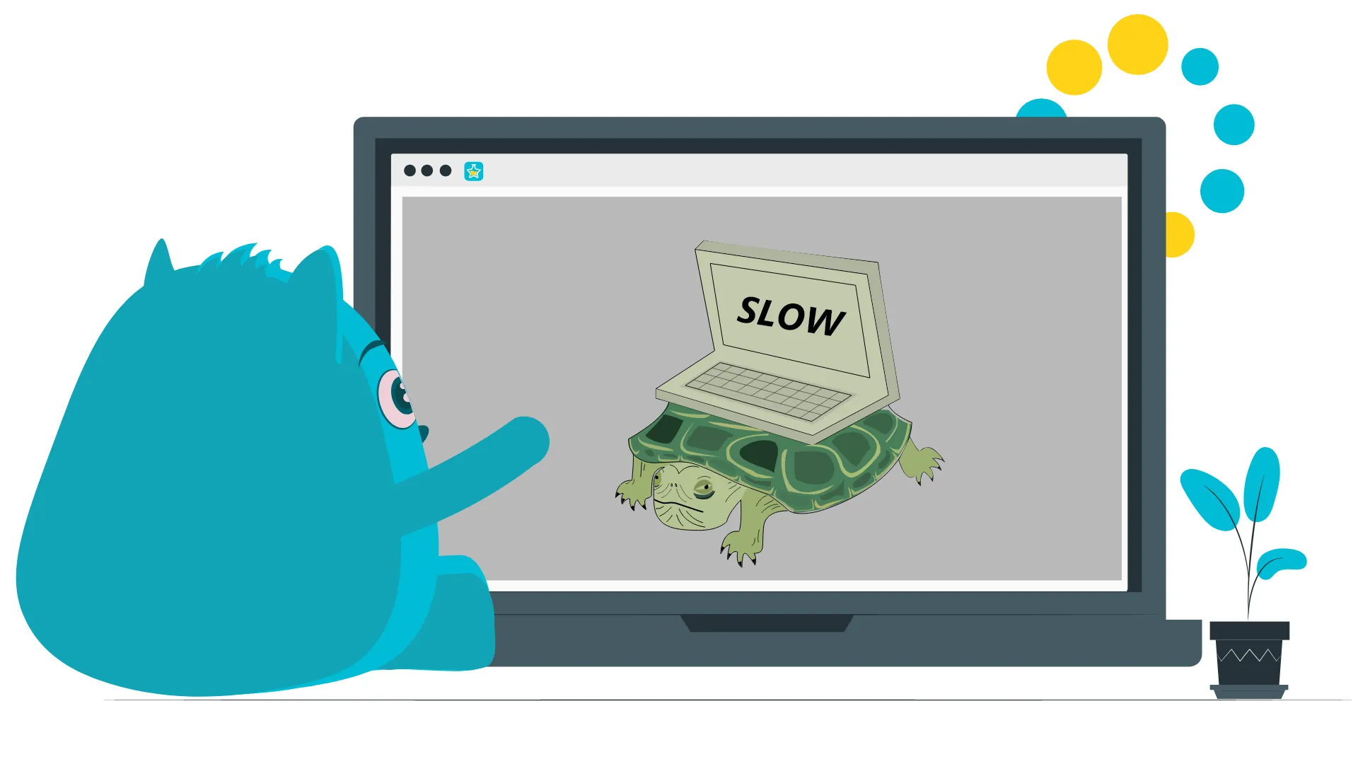Illustration of a laptop screen showing a turtle carrying a laptop labelled SLOW