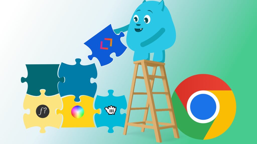A cartoon blue monster on a ladder, holding a puzzle piece with a website design logo, surrounded by corporate and business