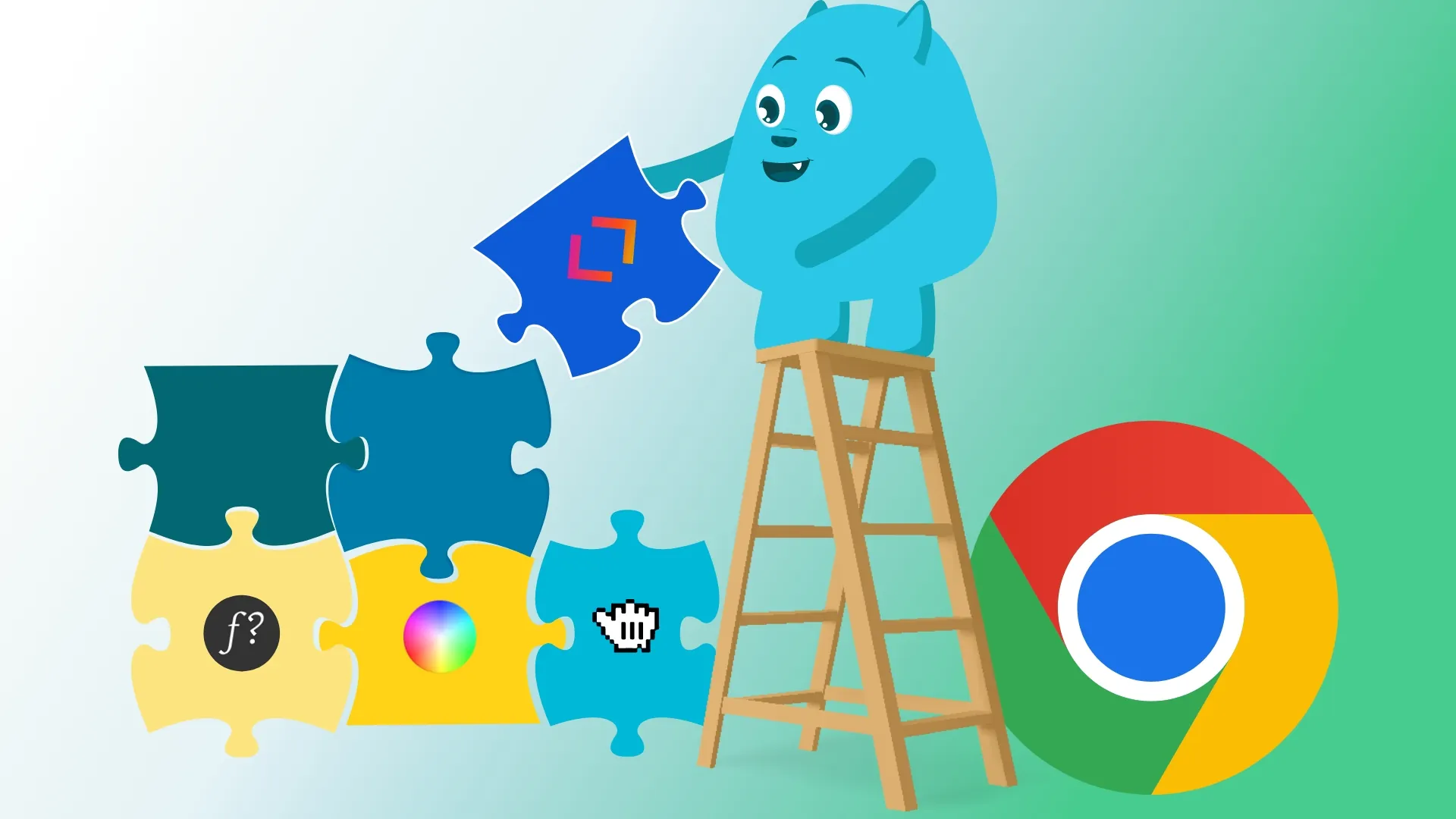 A cartoon blue monster on a ladder, holding a puzzle piece with a website design logo, surrounded by corporate and business