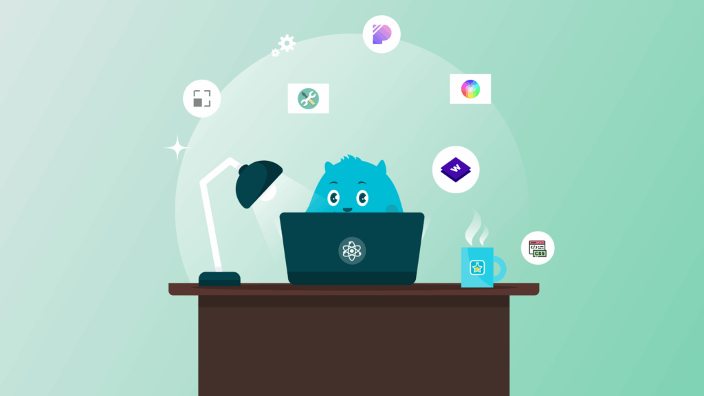 website design A cartoon cat sits at a desk with a laptop, surrounded by various design tools and icons