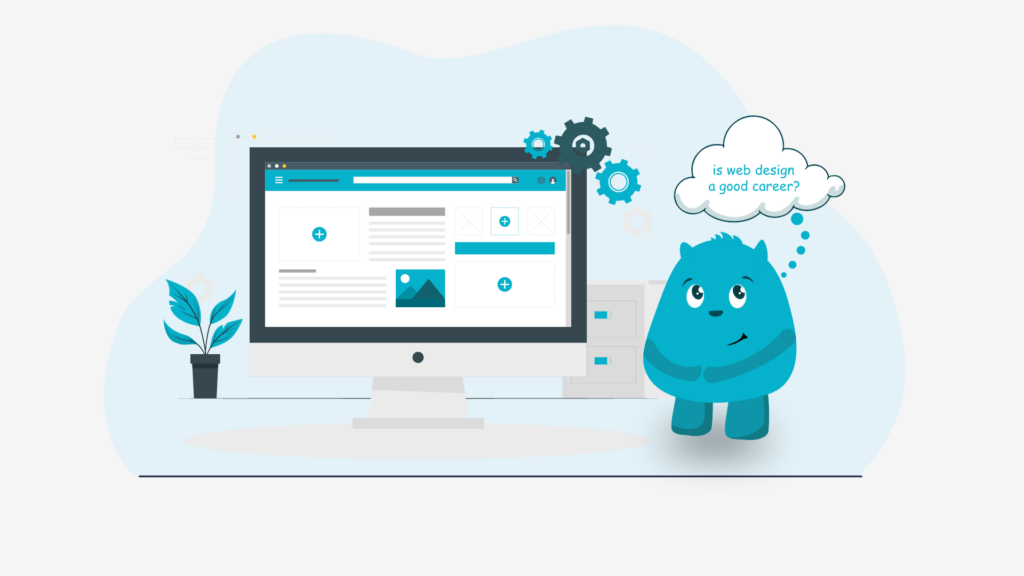 A computer screen with a website design on the screen, a plant on the desk, and a cartoon character thinking about web design