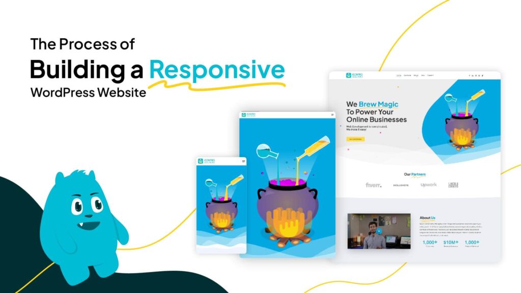 A website design image with a blue monster and a website design concept, showcasing a website design for a corporate and