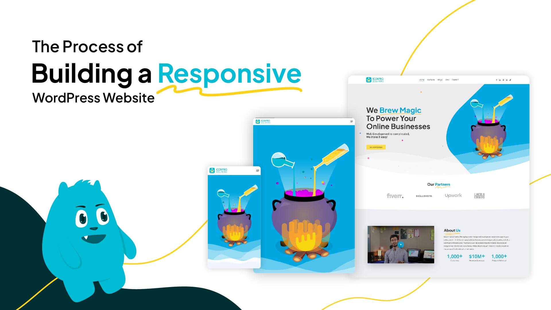 A website design image with a blue monster and a website design concept, showcasing a website design for a corporate and