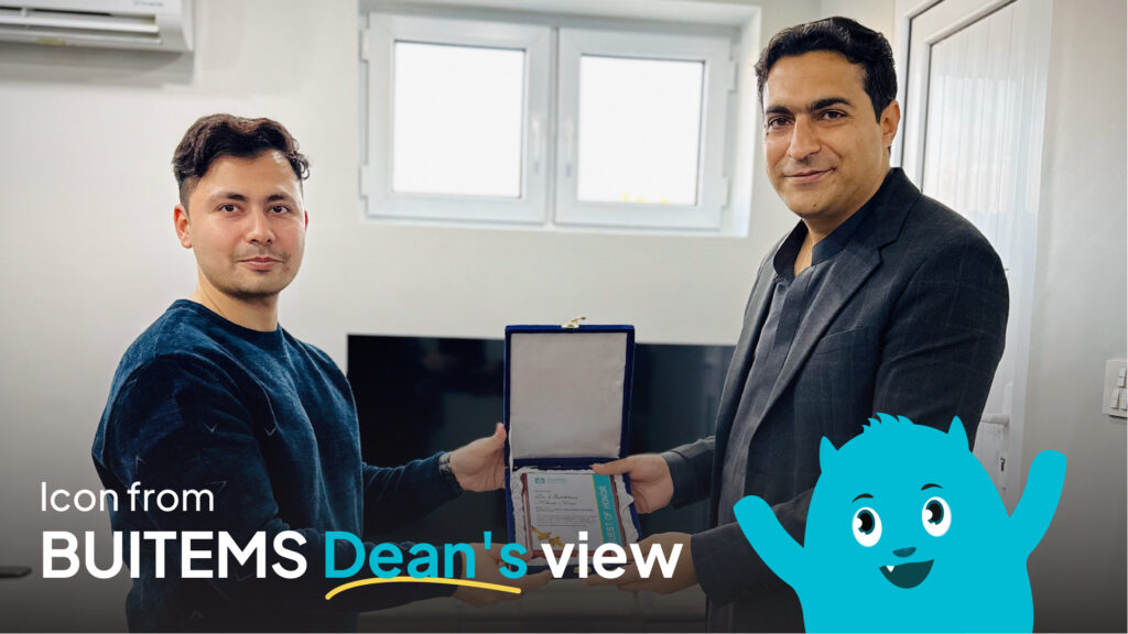 Two men in a business setting, one handing over a box with a certificate to the other, with a website design theme in the
