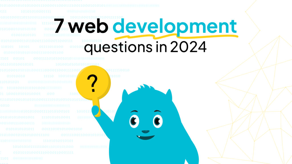 A cartoon monster holding a question mark in front of a code background, representing the need for website design and a