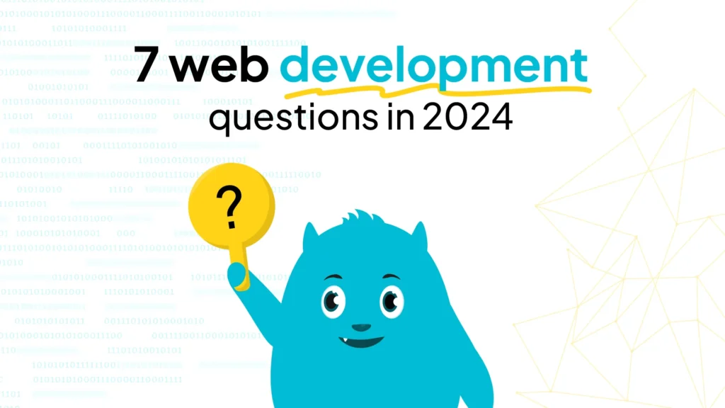A cartoon monster holding a question mark in front of a code background, representing the need for website design and a
