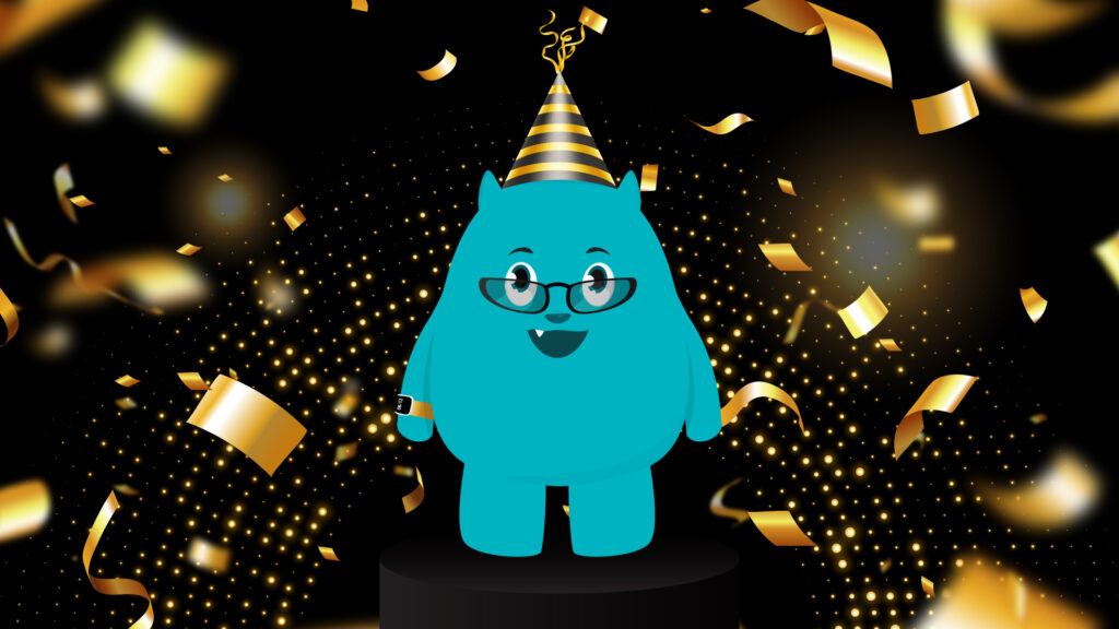 website design A cartoon monster with a party hat and confetti