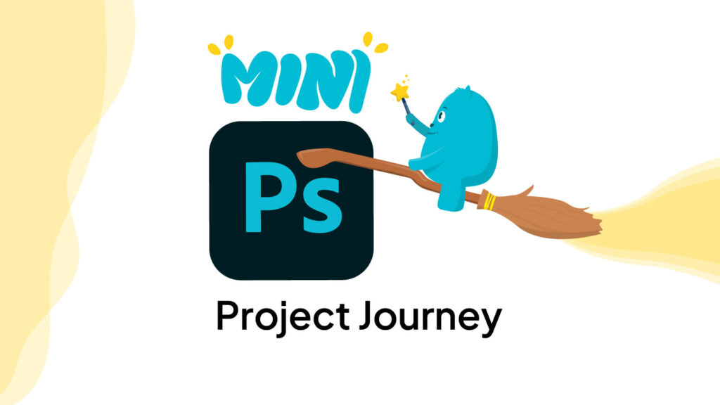 A cartoon elephant with a magic wand, flying on a broom, with a website design logo in the background