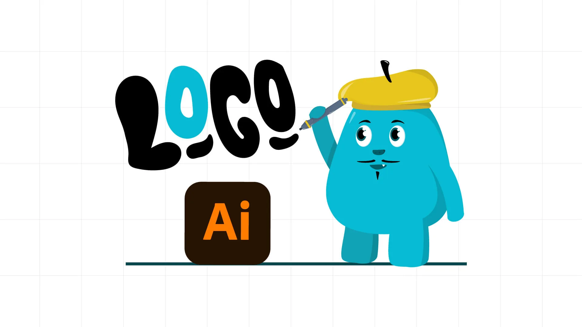The mascot in a beret painting the word Logo beside the Adobe Illustrator icon