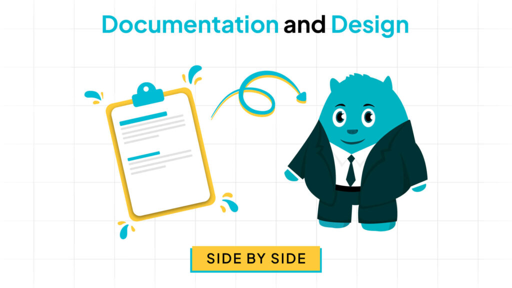 A cartoon blue monster in a business suit next to a yellow and white clipboard with a blue and white document on it.