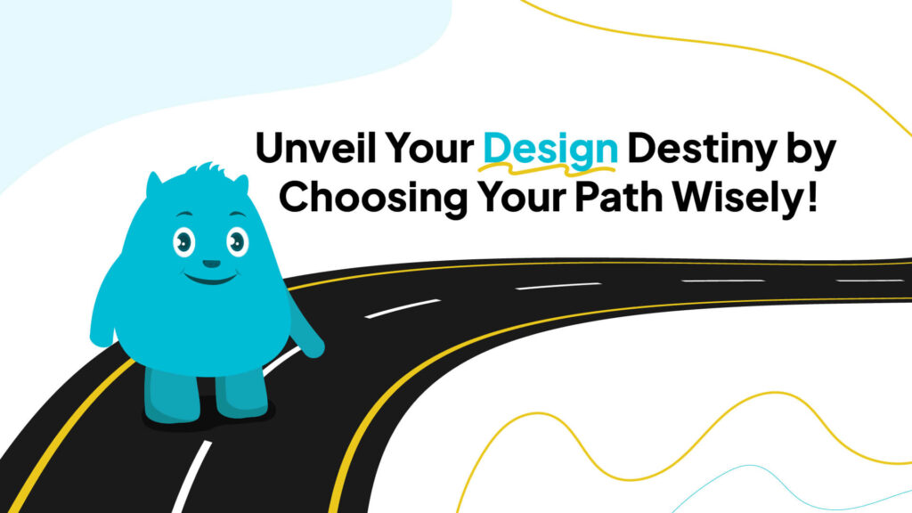 website design A blue monster on a road, with a road leading to a horizon of mountains.