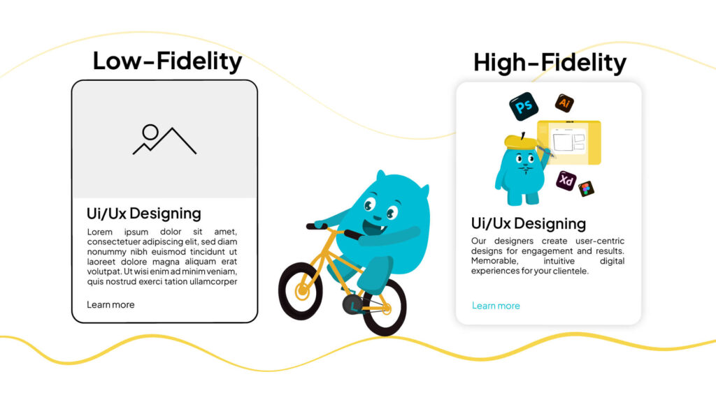 A website design image with a blue monster on a bike