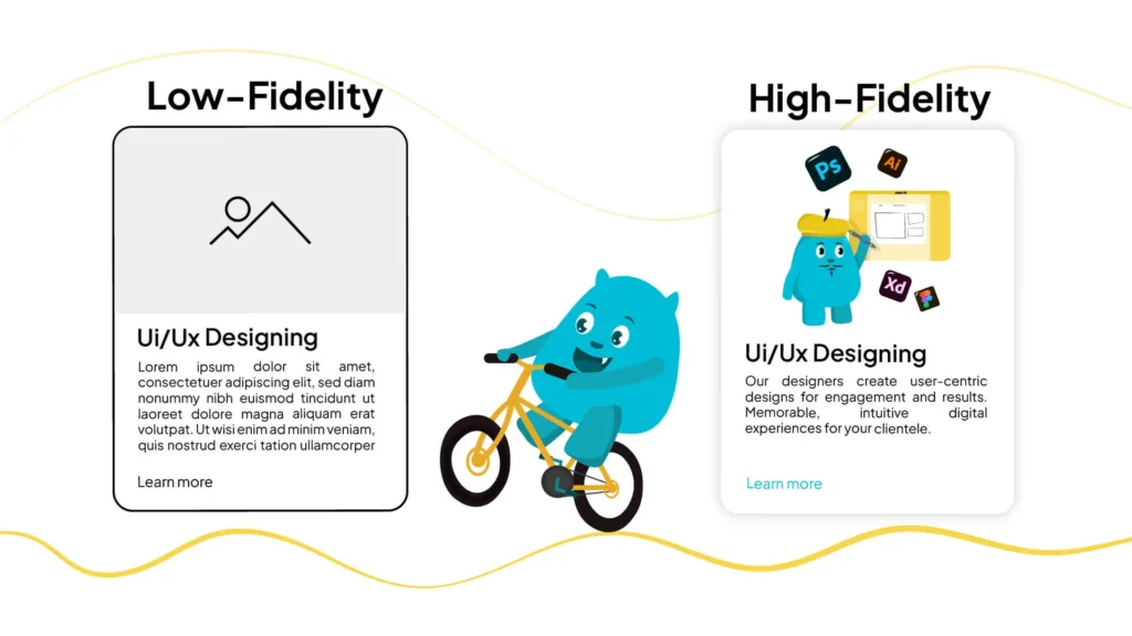 A website design image with a blue monster on a bike