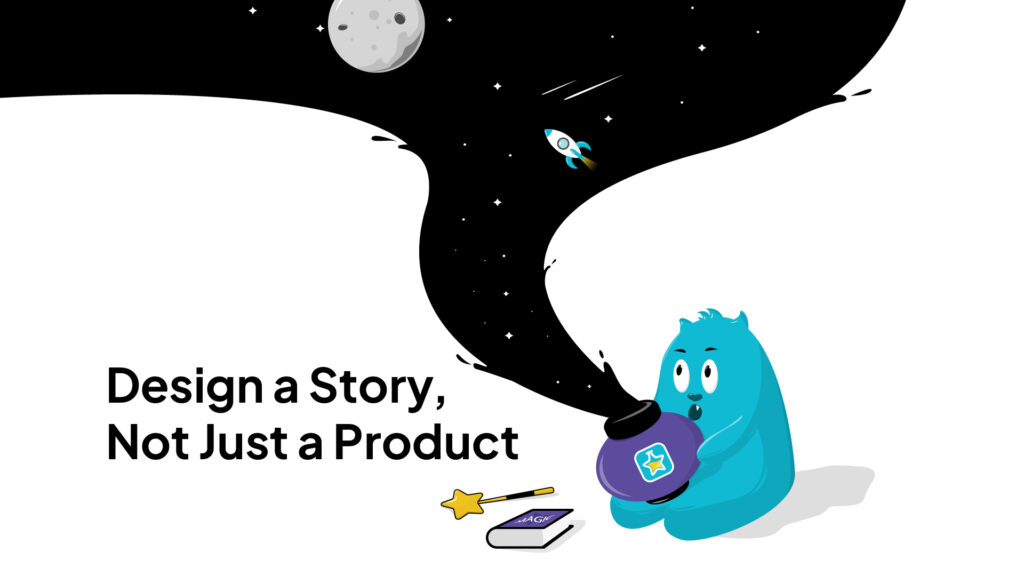 website design A blue, cartoon-like character holds a purple, round object with a star inside.