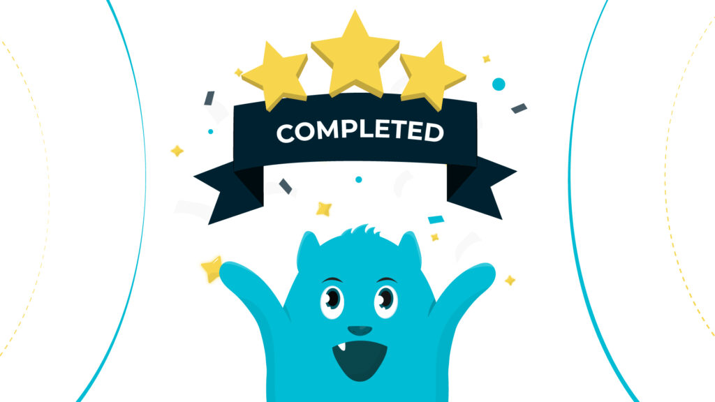 website design A blue cat with a big smile and a celebratory gesture, surrounded by stars and a completed banner
