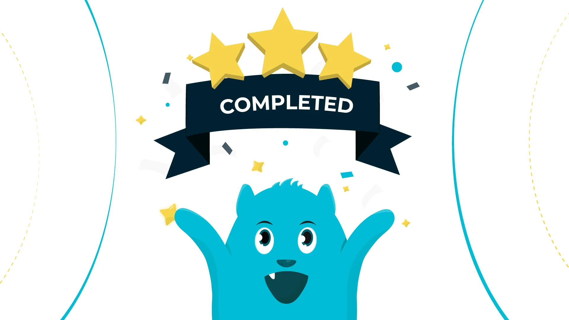 website design A blue cat with a big smile and a celebratory gesture, surrounded by stars and a completed banner