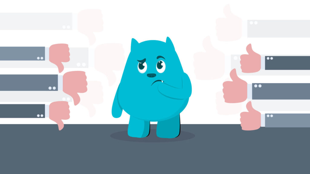 A blue monster with a frown, surrounded by thumbs down and likes, representing a website design for a corporate or business