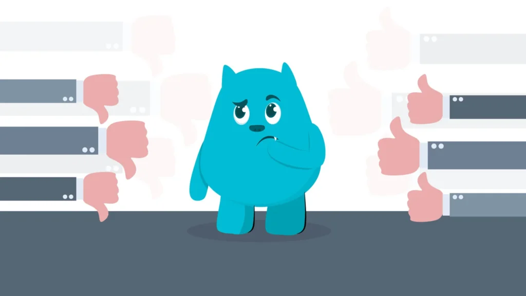 The blue mascot looking unsure, surrounded by thumbs up and thumbs down icons