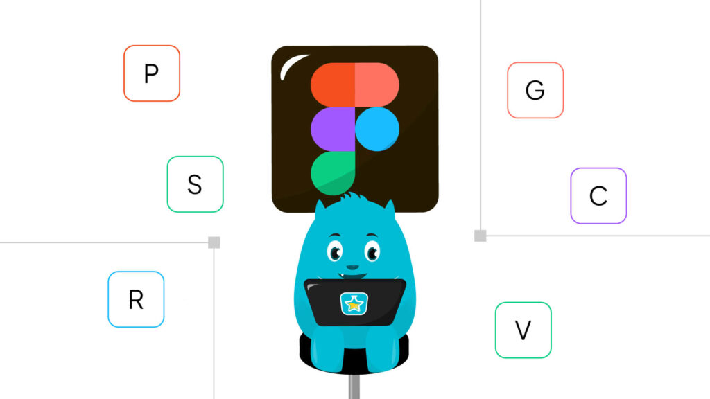A cartoon blue monster holding a laptop with a website design on the screen