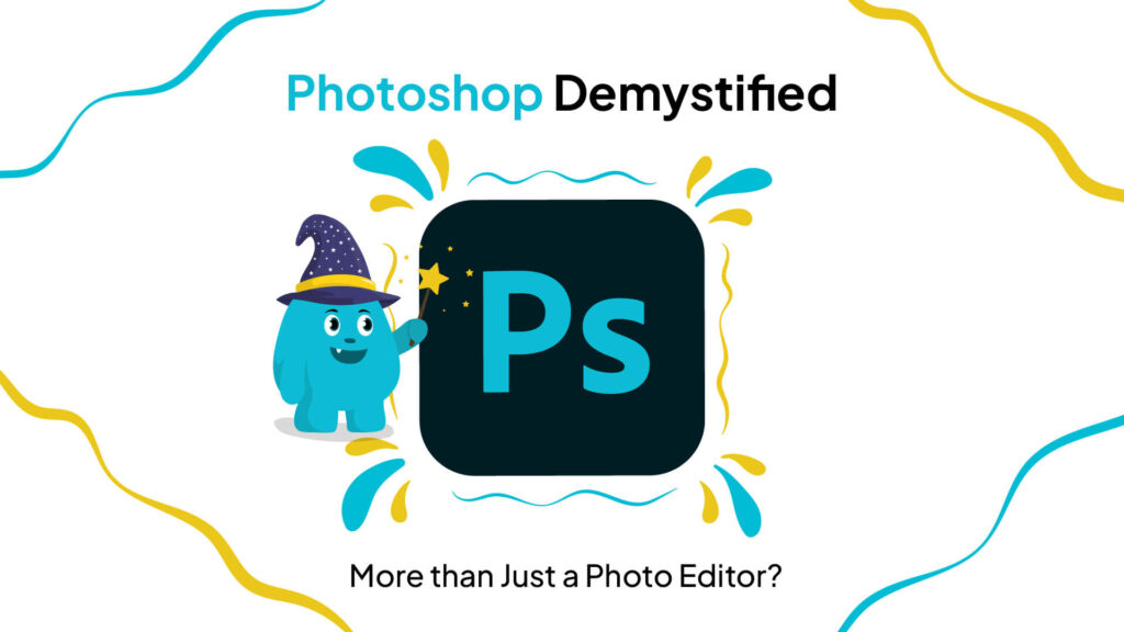 A cartoon image of a blue monster wearing a wizard hat, with a magic wand and a website design background