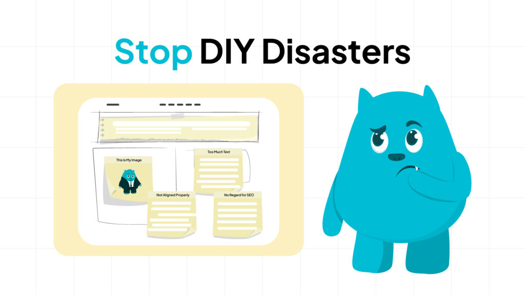 A website design image with a blue monster and a website design