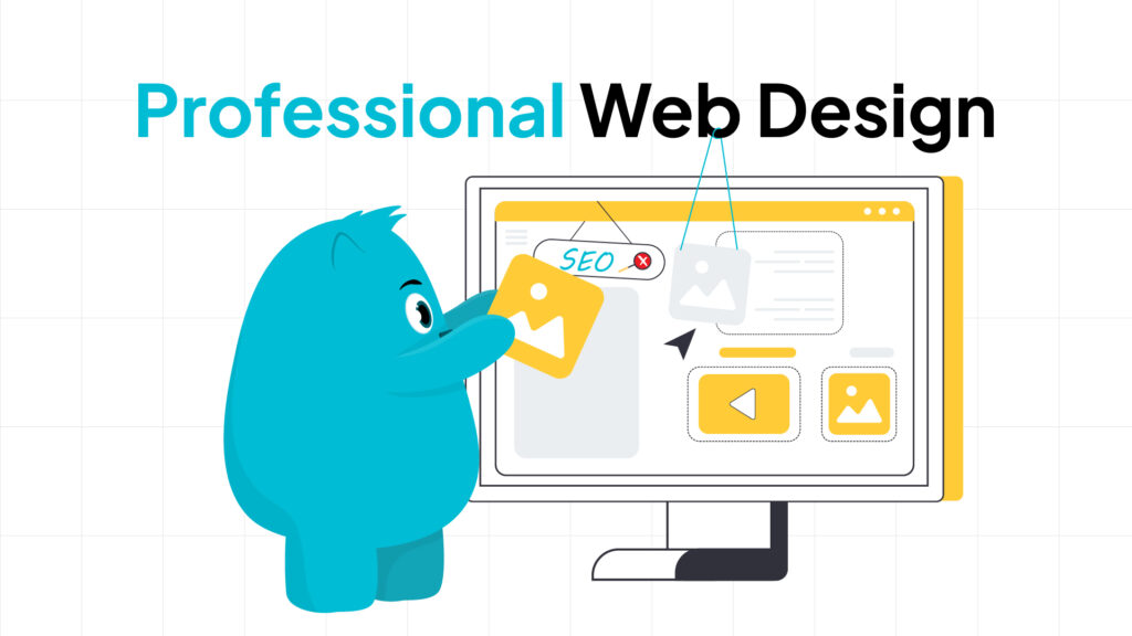A blue monster holding a website design card, representing a professional web design for a business