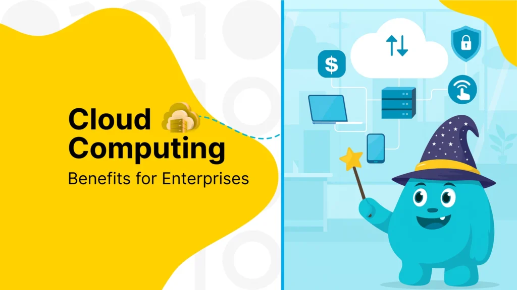 A website design image with a cloud computing theme, featuring a blue monster in a wizard hat, with a cloud and various