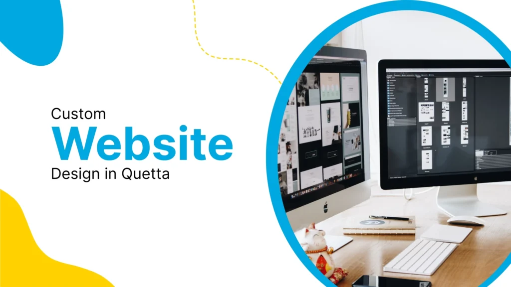 A computer screen with a website design on the left and a monitor with a website design on the right, both on a white