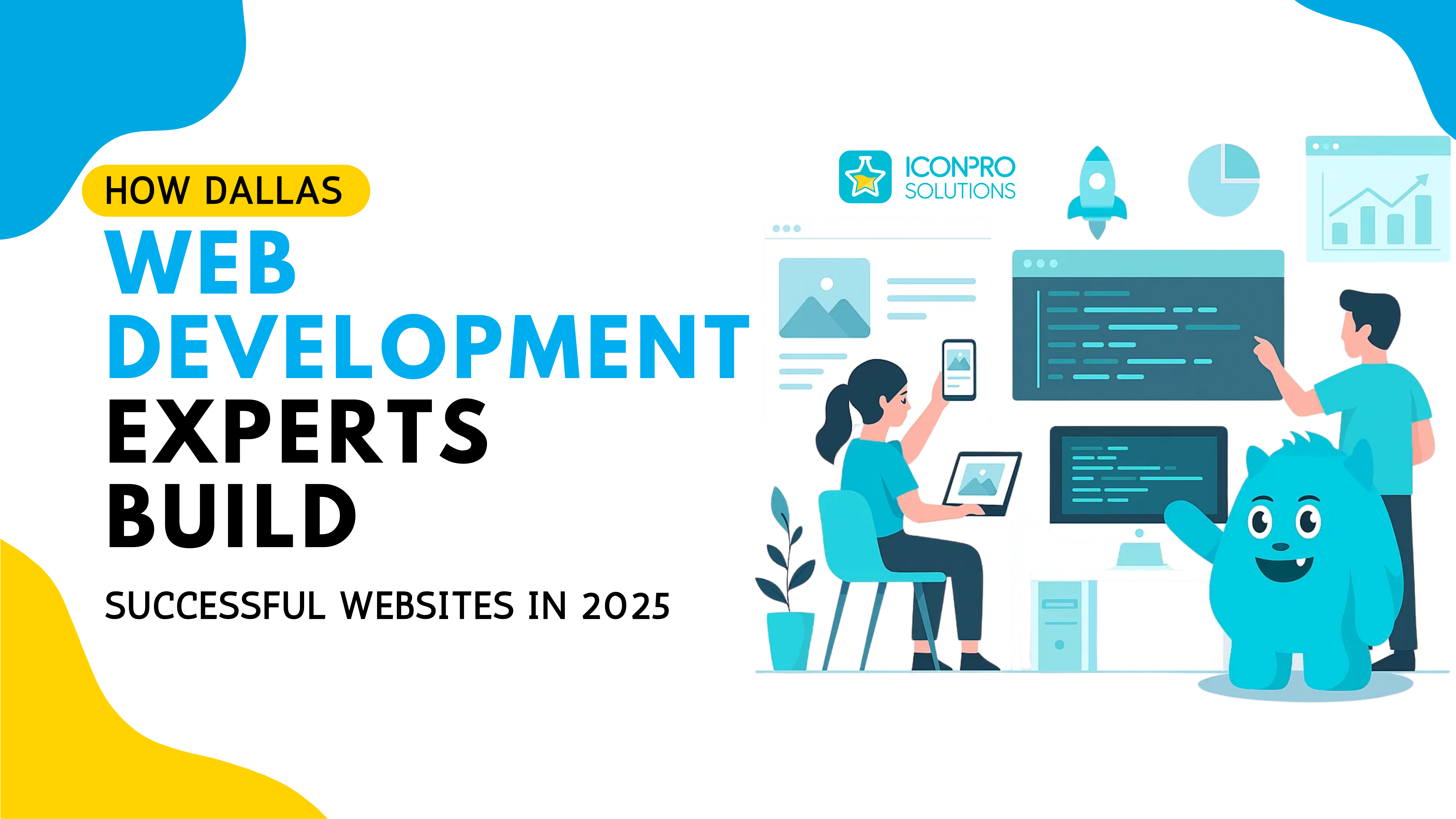 A graphic for website design services, featuring a white background with blue and yellow accents, and a central image of a