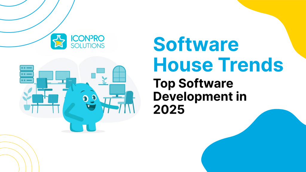 website design A white background with blue and yellow accents, featuring a cartoon character and the words 'Software House