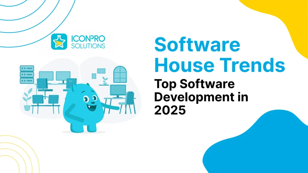 website design A white background with blue and yellow accents, featuring a cartoon character and the words 'Software House