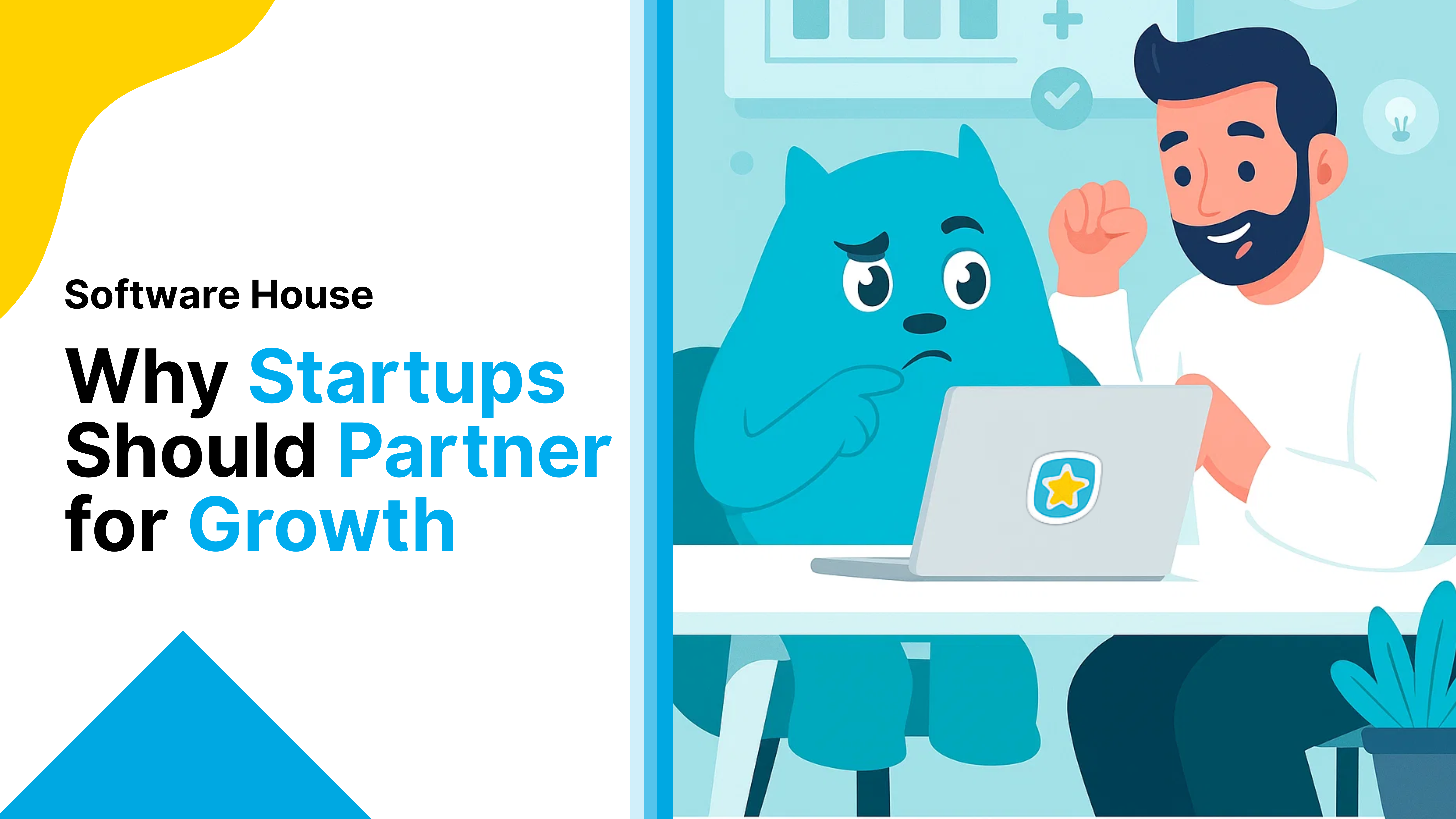 website design A man and a blue cat-like character sit at a table with a laptop