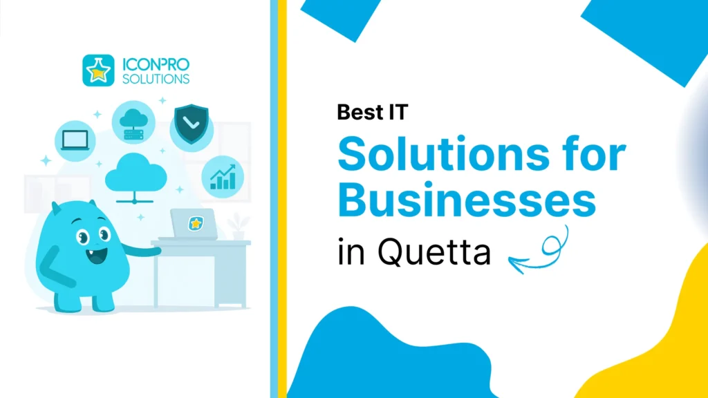 A cartoon monster in a business setting, surrounded by icons representing website design, corporate, and business, with a
