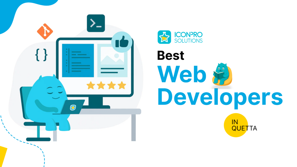 website design A blue monster sits in front of a computer screen with a code editor open on the screen