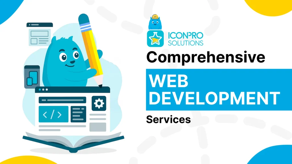 A blue cat holding a pencil, sitting on top of an open book with a website design on the screen.