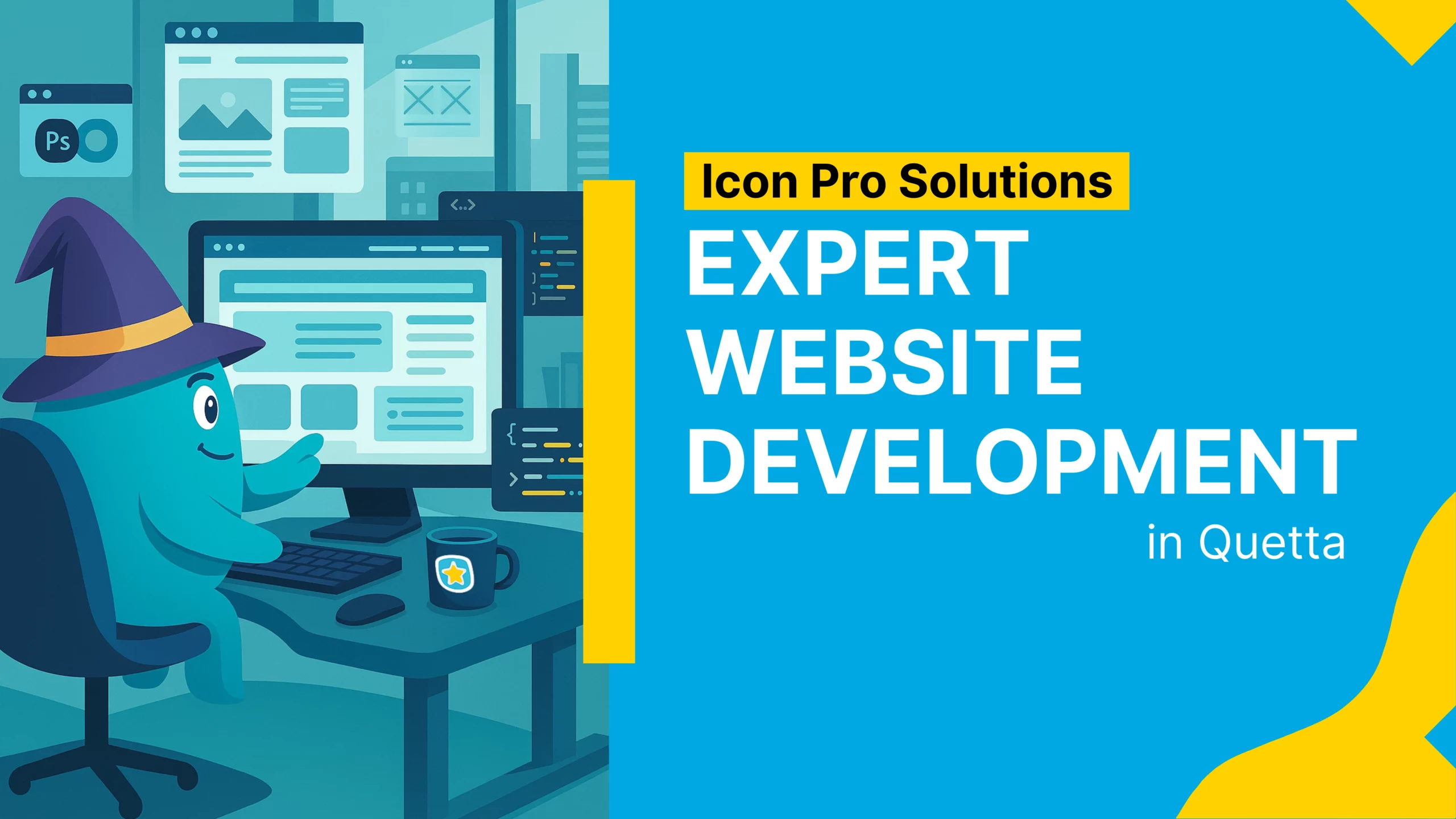 A cartoon character in a wizard's hat sits at a desk, surrounded by screens and design tools, creating a website design for