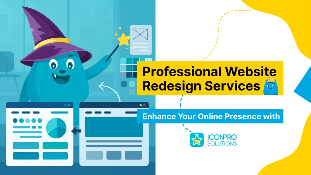A blue monster in a wizard's hat, holding a magic wand, with a website design on a screen in the background, representing