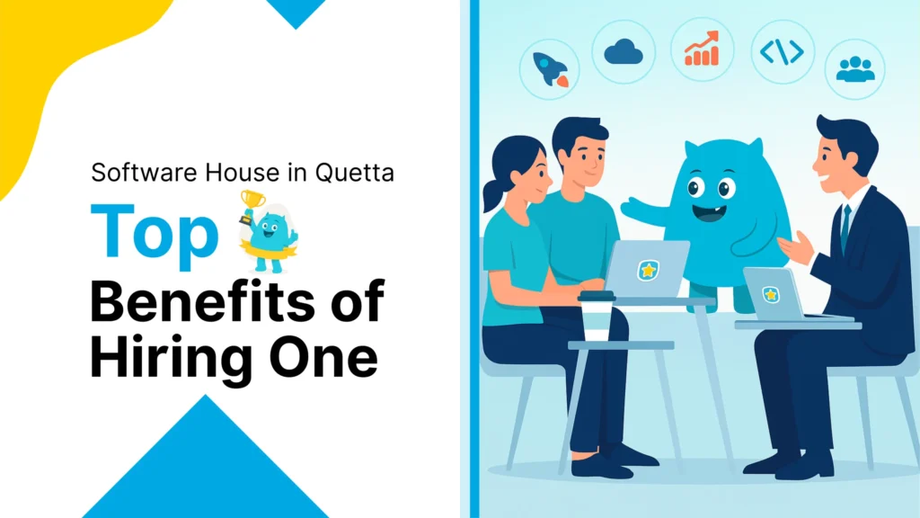 A group of people in a meeting with a blue monster, discussing website design and business