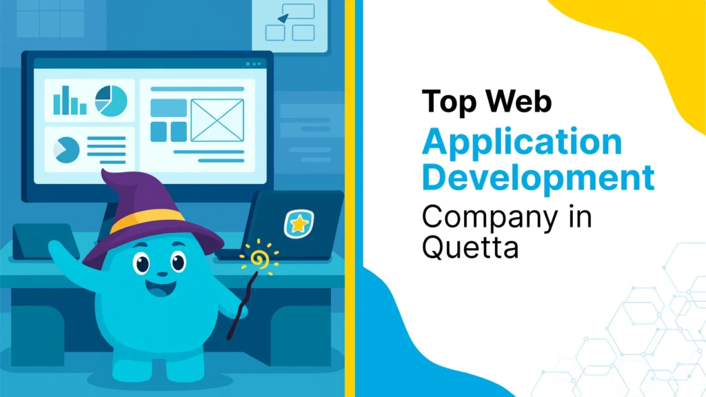A blue character in a wizard's hat, holding a magic wand, in front of a computer screen with a website design on it