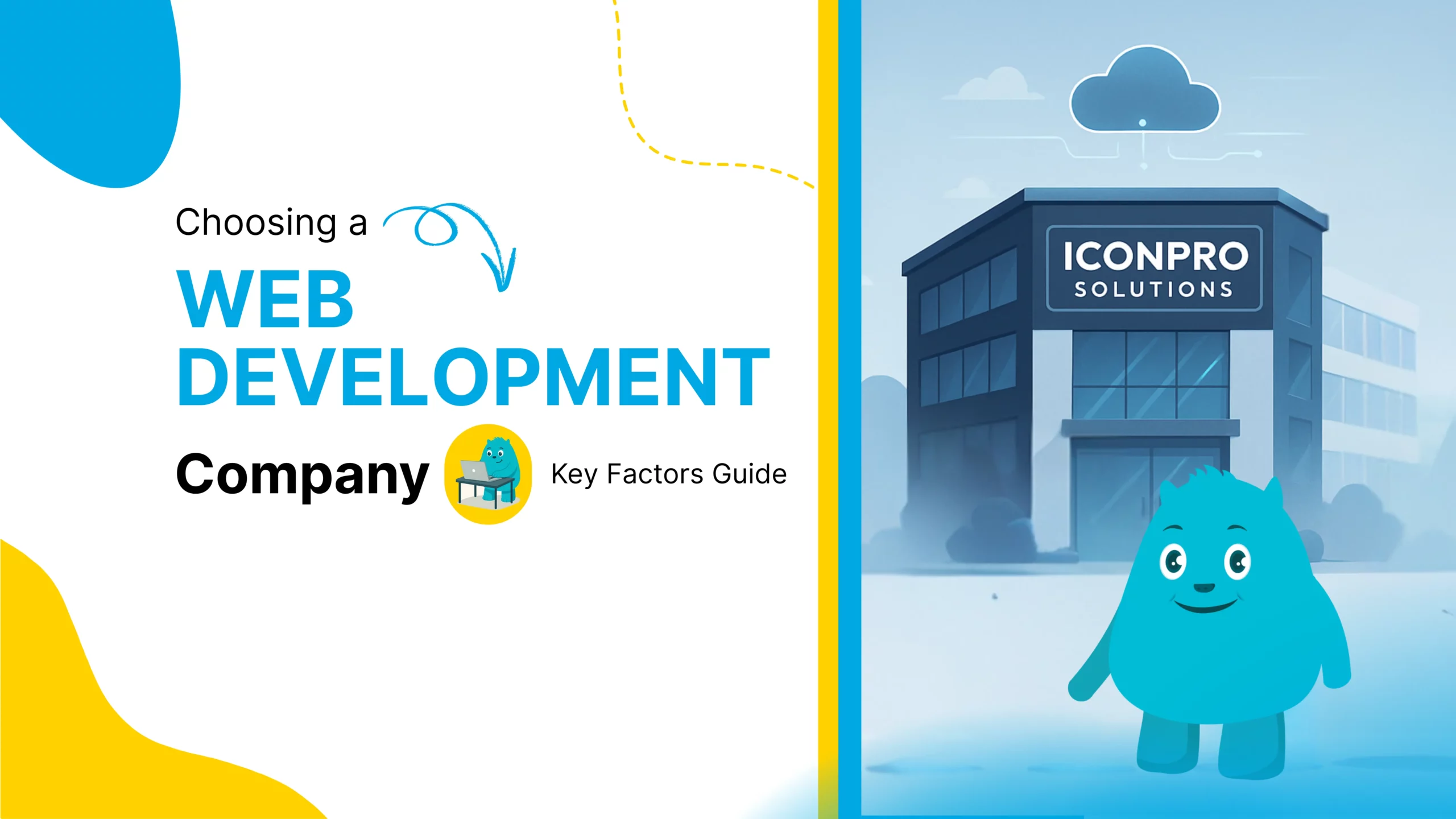 A website design for a corporate business, with a cartoon character in the foreground and a building in the background, with