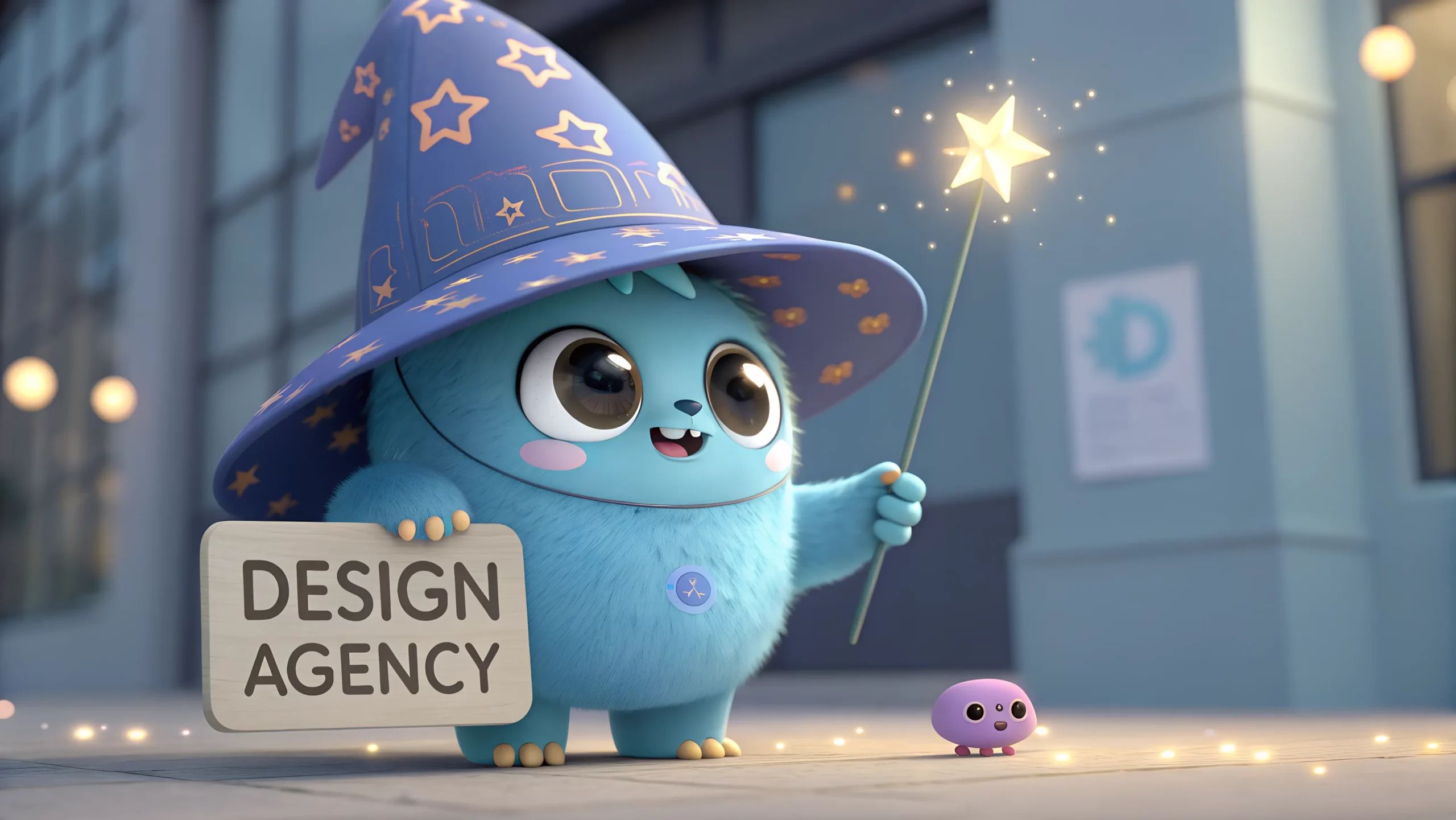 Cute Bloop mascot in a wizard hat holding a 'Design Agency' sign with a magic wand.